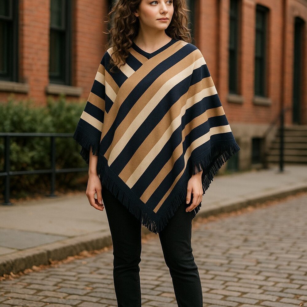 Nina Leonard Vintage Knit Poncho Sweater Fringed Opposing Stripes One Size Boho